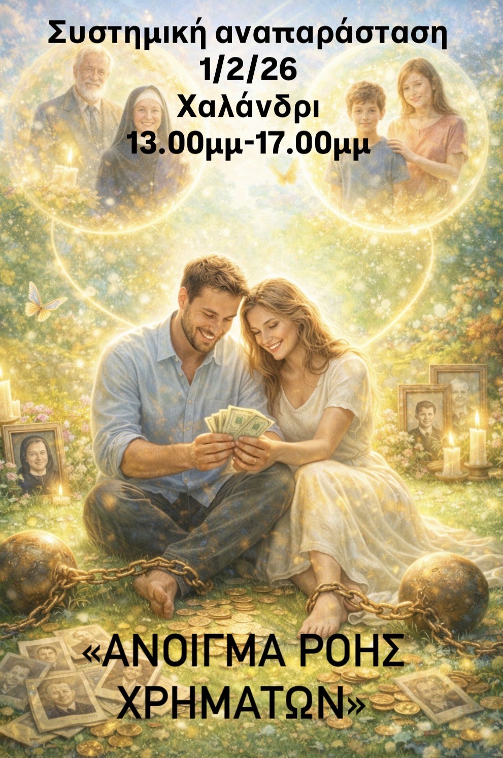Έκτακτη … Συστημική αναπαράσταση￼ με θέμα : «άνοιγμα ροής χρημάτων» Η έλλειψη χρημάτων δεν είναι οικονομικό πρόβλημα αλλά συστημικό και συναισθηματικό φαινόμενο.￼ Το χρήμα μπλοκάρετε όταν: Υπάρχει διαταραγμένη τάξη αγάπης στην οικογένειά ￼￼ Υπάρχουν αποκλεισμένοι, ξεχασμένοι ή νεκροί που δεν τιμήθηκαν￼ Υπάρχει «δεσμευτική αγάπη» για να ανήκω στην οικογένεια, πρέπει να υποφέρω όπως εκείνοι. Όσοι ενδιαφέρονται ας μου δηλώσουν συμμετοχή εδώ στο messenger ￼ Είναι 1/2/26 ￼Κυριακή 13.00μμ - 17.00μμ στο Χαλάνδρι και διαδικτυακά￼ Κόστος συμμετοχής 50€ Δήλωση συμμετοχής έως 29/1/26￼ Το πεδίο & εγώ, σας περιμένουμε￼🙏